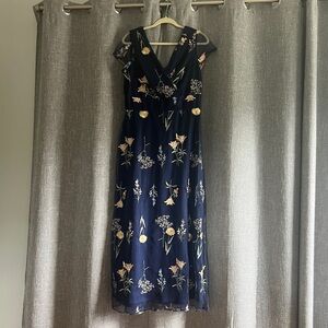 Chetta B - Navy blue maxi dress - sheer overlay embroidered w/ flowers - size 10